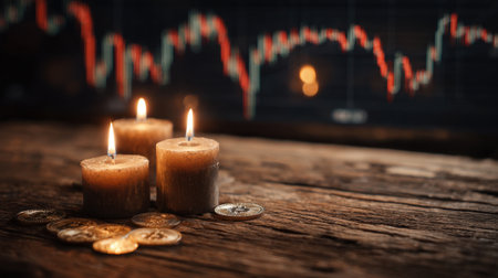 Three lit candles sit on a rustic wooden table next to coins, with a blurred stock market chart visible behind them, creating a calm yet intense atmosphere in the evening.の素材