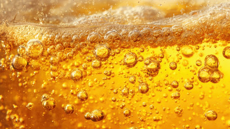 Refreshing golden liquid filled with bubbles sparkles under bright sunlight. The drink's color invites a sense of celebration and enjoyment.の素材
