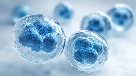 Several translucent cells with blue highlights. The cells are floating against a soft, blurred background, indicating a close-up view for scientific research on cellular functions.の素材