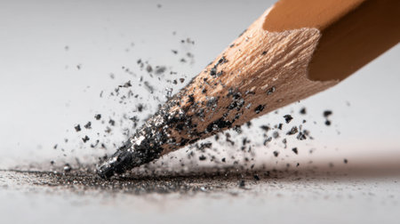 A sharpened pencil is held at an angle, dusting fine graphite particles onto a clean surface. This moment captures the art of sketching and the beginning of a creative process.の素材