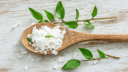 Coconut flakes are placed on a wooden spoon surrounded by green leaves on a light wooden table in a bright kitchen. Natural light enhances the fresh and vibrant atmosphere.の素材