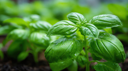 Bright green basil plants thrive in a garden, showing their healthy leaves covered with water droplets after a recent watering. The scene captures the essence of gardening.の素材