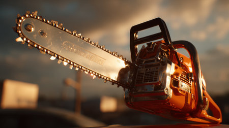 A chainsaw is positioned on the roof of a car, highlighting its metallic details. The backdrop features a sunset sky, casting warm tones over a rural landscape, creating an intense atmosphere.の素材