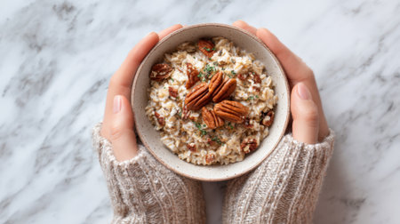 Hands in a knitted sweater hold a bowl filled with creamy oatmeal topped with toasted pecans. The scene captures the comforting vibe of breakfast on a chill morning.の素材