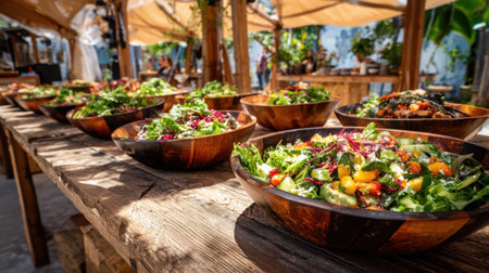 Various colorful salads are beautifully arranged in wooden bowls on a rustic table at an outdoor market. The setting is lively and filled with greenery, creating an inviting atmosphere.の素材