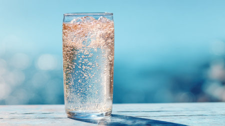A clear glass filled with sparkling water sits on a wooden table. The bright blue ocean sparkles in the background on a sunny day, creating a refreshing scene.の素材