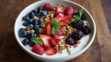 A colorful yogurt bowl features fresh blueberries, raspberries, strawberries, and blackberries. Crunchy granola and mint leaves add texture and flavor, perfect for breakfast or a snack.の素材