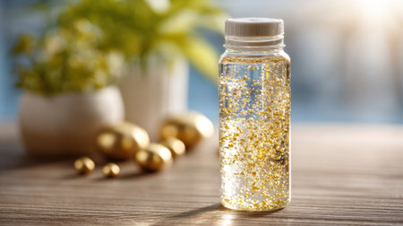 A clear bottle filled with golden glitter sits on a wooden table. Soft sunlight filters through, creating a warm atmosphere. Decorative plants and golden balls are in the background.の素材
