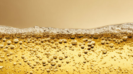 Close-up view highlights bubbles rising in a golden drink. The texture and effervescence suggest a refreshing beverage perfect for social gatherings or relaxing moments.の素材