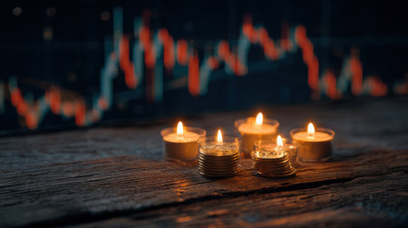 Candles light up a wooden table while financial charts display a market trend in the background. This scene captures the essence of evening discussions on investment strategies.の素材