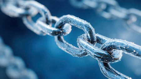 The artwork displays a series of futuristic chains linked together, highlighting connectivity and technology. The background features a blue hue enhancing the digital theme.の素材