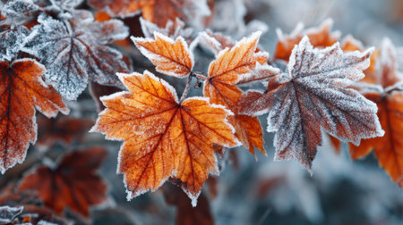 Frost covers vibrant orange and brown leaves on branches in a serene autumn setting. The cool morning enhances the natural colors in this peaceful scene.の素材
