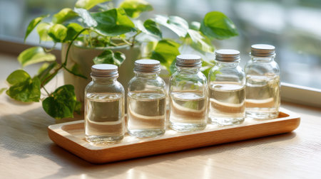 Five small glass bottles filled with clear water are neatly arranged on a wooden tray. A green plant adds a fresh touch, and sunlight streams in through a window.の素材