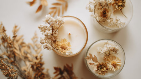 Three candles sit on a bright surface, adorned with dried flowers. Surrounding them are bundles of dried foliage, creating a warm, inviting space perfect for fall.の素材