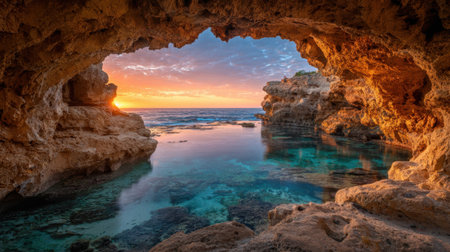 A stunning sunset illuminates the sky from inside a rocky cave at the beach. Gentle waves ripple over clear waters as the sun sets, creating a peaceful atmosphere.の素材
