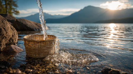 Water gently flows from a woven basket into a calm lake, reflecting the warm colors of sunset, with mountains standing tall in the background, creating a peaceful scene.の素材