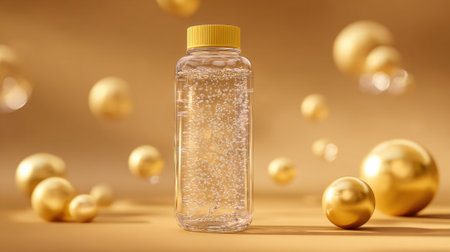 A transparent bottle filled with sparkling water sits prominently among golden spheres on a smooth brown surface. The bright yellow lid adds a pop of color against the warm tones.の素材