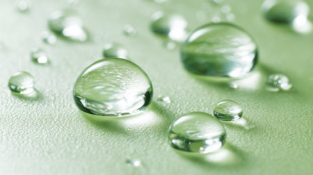 Clear water droplets rest on a soft green surface, showing their round shapes and the gentle light reflecting off their surfaces. Each droplet varies in size, creating a tranquil scene.の素材