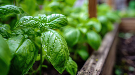 Basil plants thrive in a garden bed, their glossy green leaves covered in tiny droplets of dew. The early morning light enhances the fresh and healthy appearance of the herbs.の素材