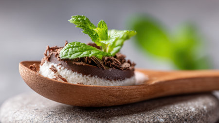 A carefully arranged dessert featuring layers of chocolate and cream topped with mint leaves. The dish is placed on a smooth stone surface, showing its rich textures and colors.の素材
