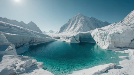Turquoise water reflects the blue sky, surrounded by towering snowy mountains. The scene captures the beauty of a remote glacial area, highlighting nature's serenity.の素材