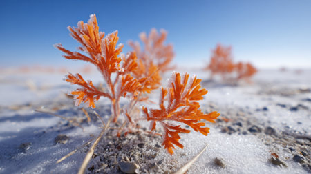In a cold landscape, orange plants stand out as they grow from the frosty ground. The bright colors contrast sharply with the white frost and blue sky above.の素材