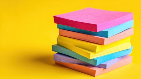 A vibrant stack of sticky notes in various colors sits against a bright yellow background. These notes are perfect for reminders, to-do lists, and creative planning.の素材