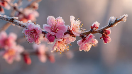 Delicate cherry blossoms coated in frost showcase their beauty in a serene early spring setting. The soft light enhances their vibrant pink hues against a blurred background.の素材