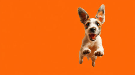 A joyful small dog with floppy ears leaps playfully against a vivid orange backdrop. Its expression is filled with excitement and happiness as it enjoys a moment of fun.の素材
