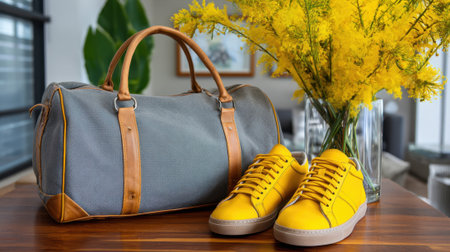 A gray travel bag sits beside bright yellow sneakers on a wooden table. A vase filled with cheerful yellow flowers adds a pop of color, enhancing the cozy indoor setting.の素材