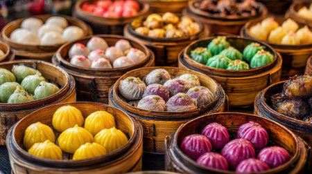 A vibrant collection of various dumplings is showcased in woven bamboo steamers at a bustling market. The sun illuminates the different colors and shapes, attracting hungry customers.の素材
