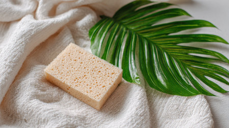 A clean sponge is placed on a soft, white towel next to a large green leaf, creating a calm and refreshing atmosphere perfect for a spa or relaxation setting.の素材