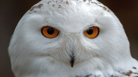 A snowy owl looks directly at the viewer with its distinct orange eyes. This majestic bird is surrounded by a soft, blurred background, highlighting its bright white feathers.の素材
