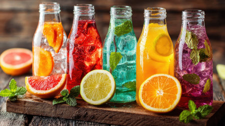 Brightly colored drinks are lined up on a wooden tray, featuring slices of citrus fruits and mint leaves. The scene is lively, showcasing a mix of flavors and colors.の素材
