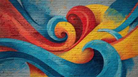 A colorful mural covers a brick wall, featuring flowing patterns of blue, red, and yellow. The artwork draws the eye with its dynamic swirls and vivid hues, enhancing the urban landscape.の素材