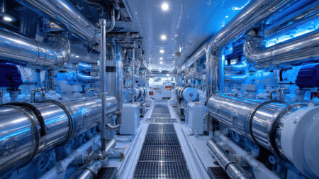 This scene features a modern engine room filled with shiny metal machinery and blue lighting. Pipes and equipment are organized around a central walkway.の素材