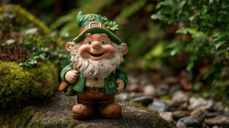 A cheerful gnome holds a small bag amidst lush greenery and smooth stones. Sunlight filters through leaves, creating a warm atmosphere in the garden.の素材