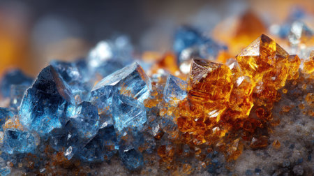 Various vibrant crystals glisten under light, displaying shades of blue and orange. This close-up reveals the fascinating details of their natural formations and colors.の素材