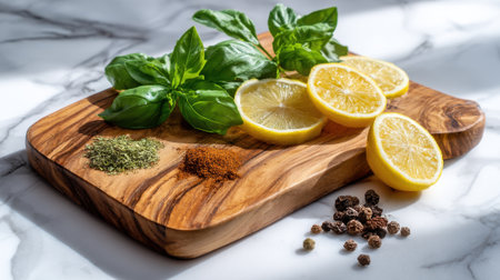 Freshly sliced lemons lay on a wooden cutting board alongside vibrant basil leaves and a selection of spices, all illuminated by soft, natural light, showcasing culinary preparation.の素材