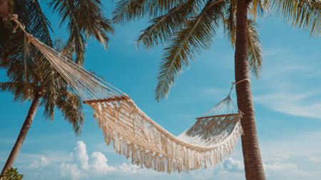 A cozy hammock hangs between two tall palm trees, inviting relaxation. The sun shines brightly in a clear blue sky, creating a peaceful tropical beach atmosphere.の素材