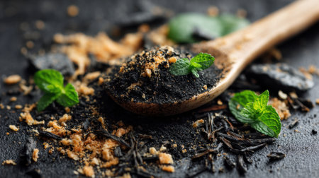 A wooden spoon holds a mix of ground herbs and spices against a dark background, complemented by fresh mint leaves and grains. The arrangement is visually appealing and aromatic.の素材