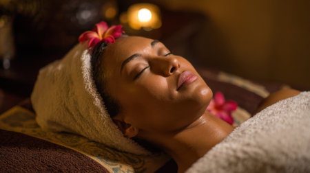 A woman enjoys a calming spa treatment in a serene setting. Soft lighting enhances the peaceful atmosphere while she relaxes with flowers in her hair and a towel around her head.の素材
