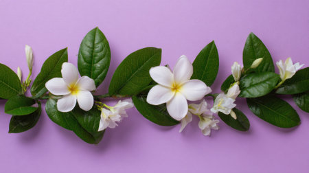 Delicate white flowers with yellow centers are arranged alongside lush green leaves, creating a lovely contrast against a soft purple background. This serene display highlights nature's beauty.の素材