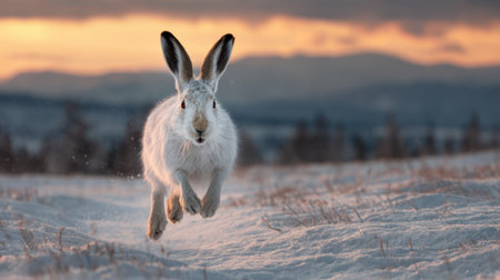 A white hare is swiftly running across a snow-covered field during sunset. The sky is filled with warm colors, casting a beautiful glow over the landscape and distant mountains.の素材