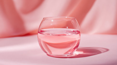 A clear round glass bowl holds pink water, creating a soft contrast against a smooth pink fabric. The scene evokes a calming atmosphere, ideal for relaxation or decoration.の素材