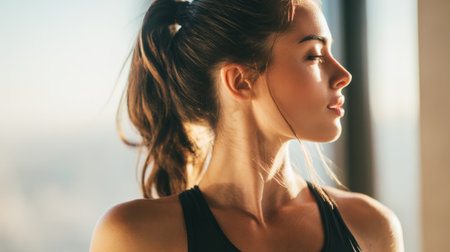 A young woman stands by a large window in a well-lit gym, showcasing a fitness look. She appears focused and strong, enjoying the warm sunlight streaming in.の素材