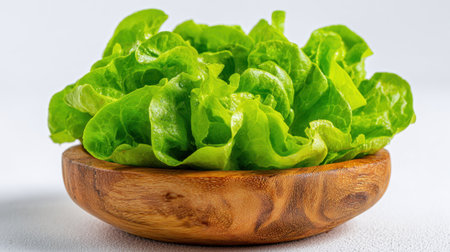 Bright green lettuce sits in a polished wooden bowl, highlighting its crisp leaves. Ideal for salads, the fresh produce enhances any meal's appeal in a kitchen atmosphere.の素材
