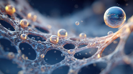 Bubbles appear in a web of fibers, showing intricate textures and light reflections. This close-up highlights the scientific exploration of structures at a microscopic level.の素材