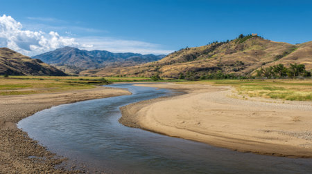 A calm river flows through sandy banks, surrounded by rolling hills and distant mountains. Fluffy clouds drift above under a bright blue sky, creating a serene landscape.の素材
