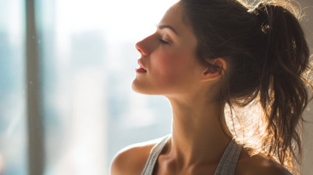 A young woman sits quietly, enjoying a moment of mindfulness by a large window. Soft sunlight illuminates her focused expression, creating a serene atmosphere in a modern environment.の素材
